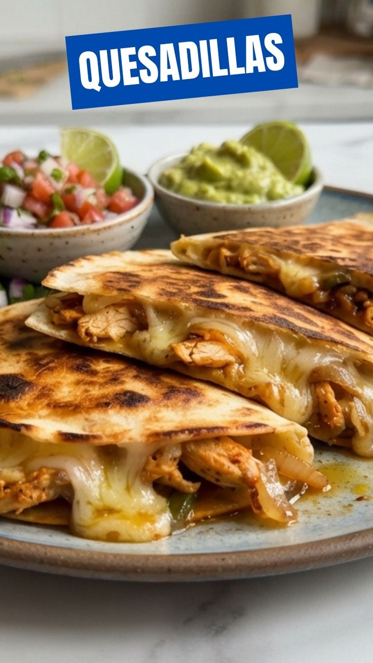 A close-up of a golden-brown quesadilla, perfectly cooked and cut in half