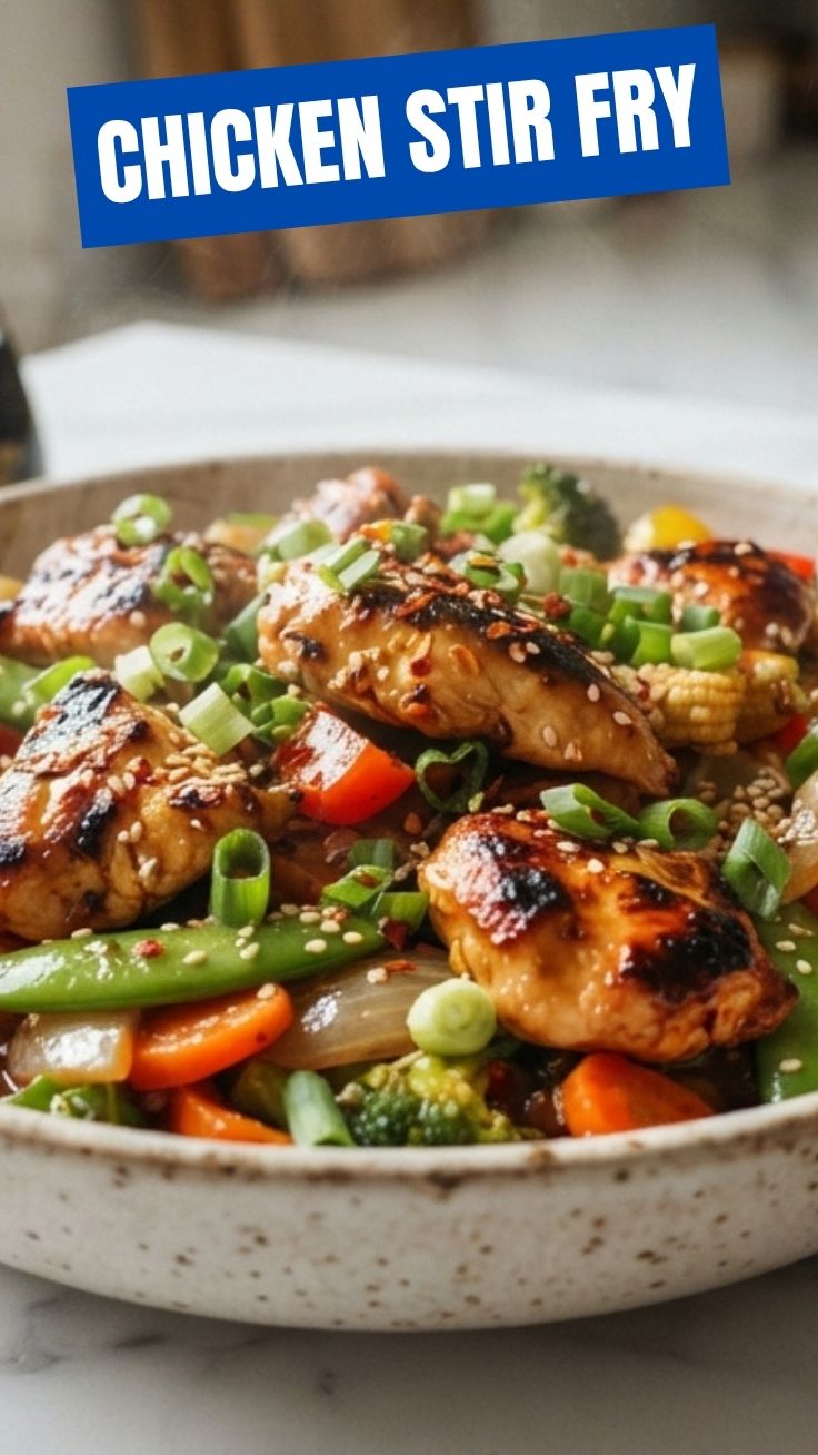 A colorful, freshly cooked chicken stir fry in a wok with assorted vegetables.