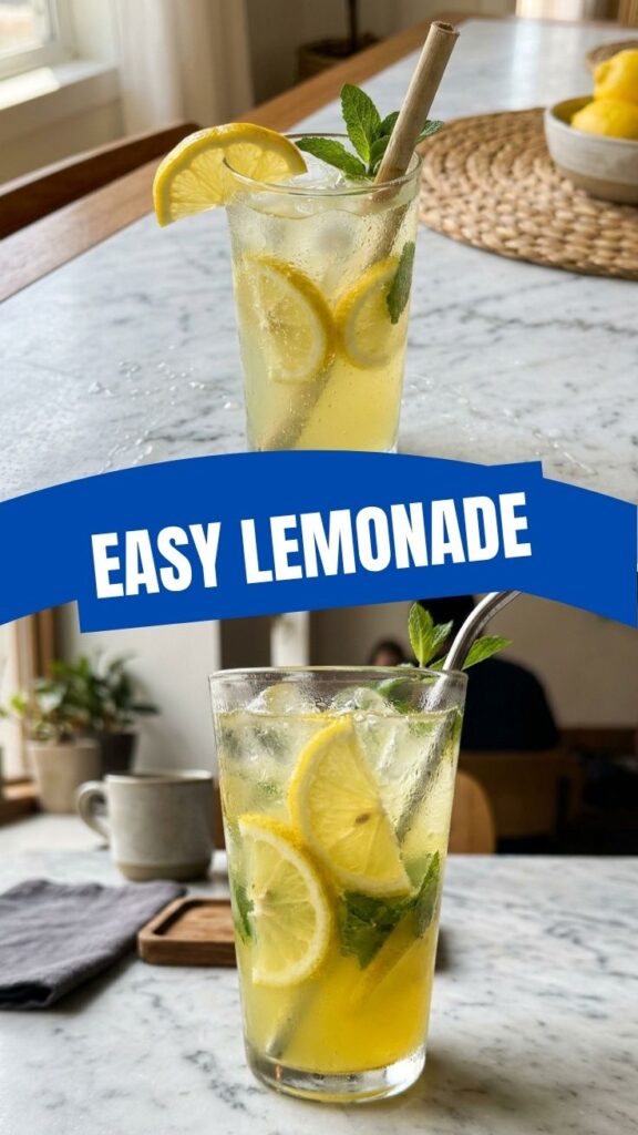 A glass of sparkling lemonade with lemon slices and ice