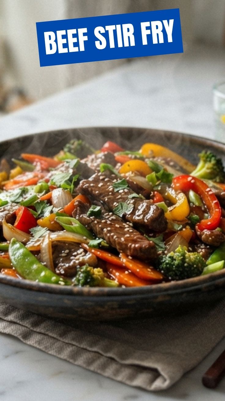 A colorful beef stir fry with mixed vegetables in a skillet