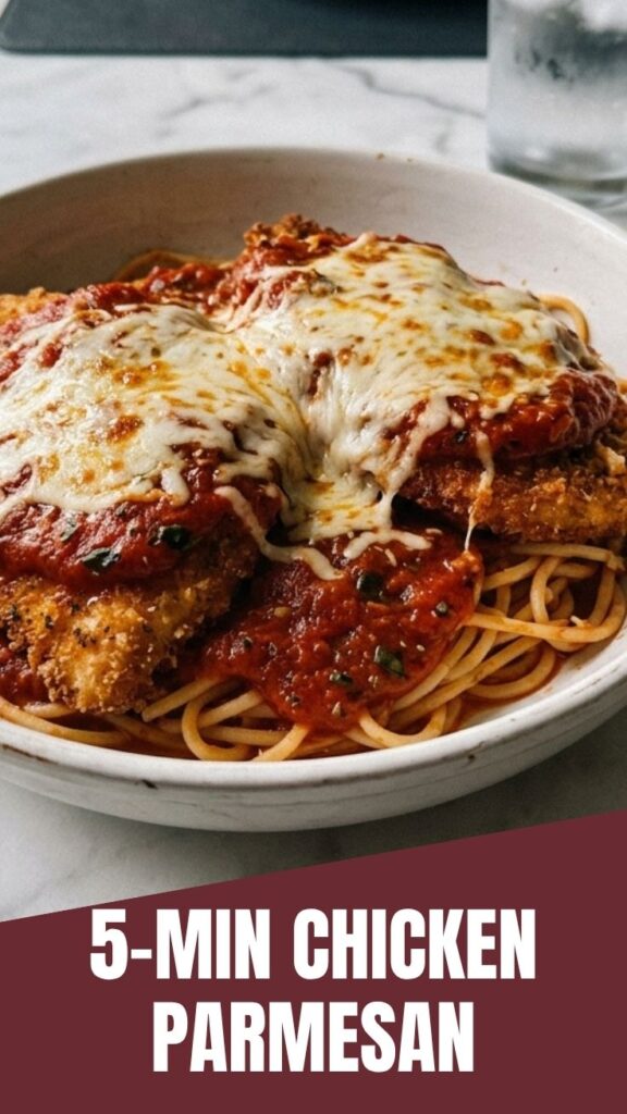 A serving of chicken parmesan topped with melted cheese and marinara sauce.