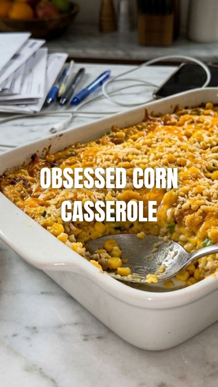 A golden-brown corn casserole baking in an oven-safe dish.