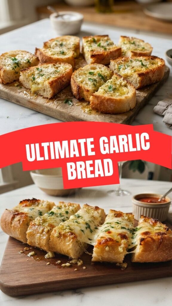 Freshly baked garlic bread, golden brown and crispy.