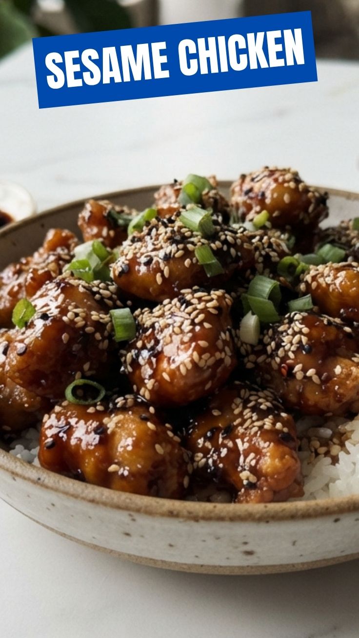 A plate of savory sesame chicken with a rich sauce and sesame seeds.