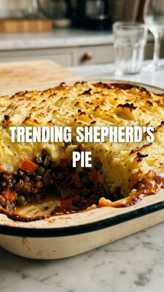 A freshly baked shepherd's pie with a golden mashed potato topping