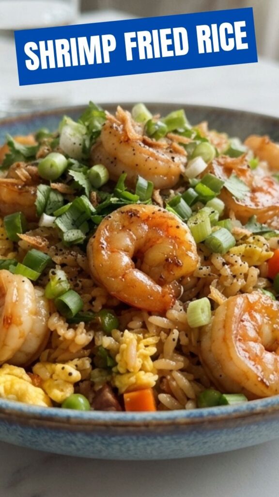 A serving of savory shrimp fried rice in a bowl, featuring plump shrimp and mixed vegetables.