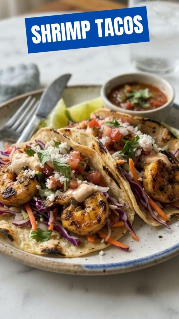 Delicious shrimp tacos with fresh cilantro and lime