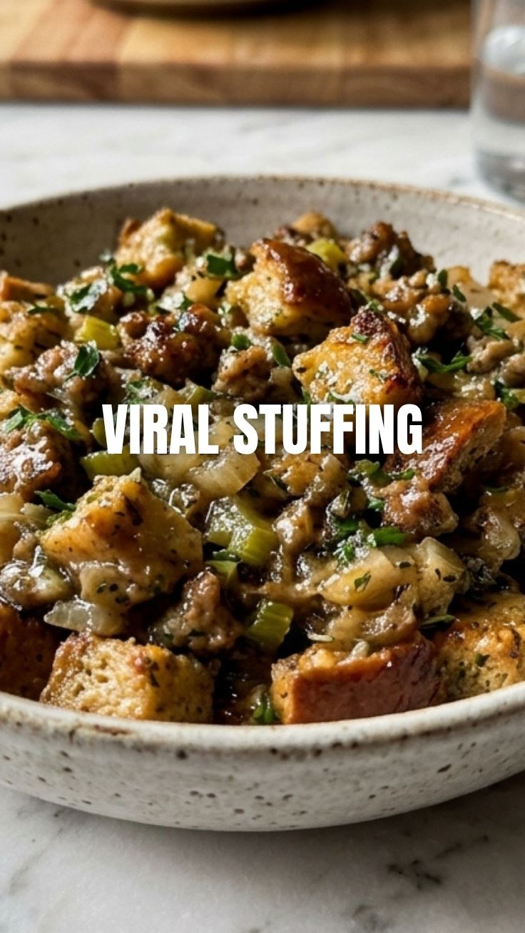 A close-up of a golden-brown stuffing with herbs and bread cubes