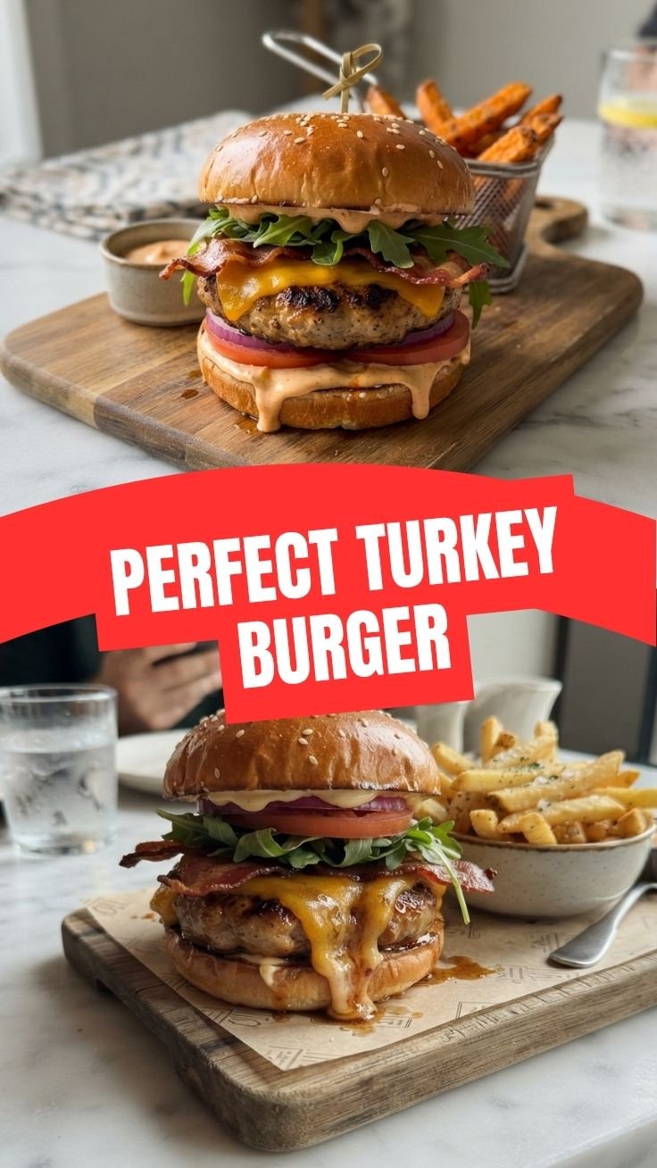 Perfectly cooked turkey burger with melted cheese and fresh toppings