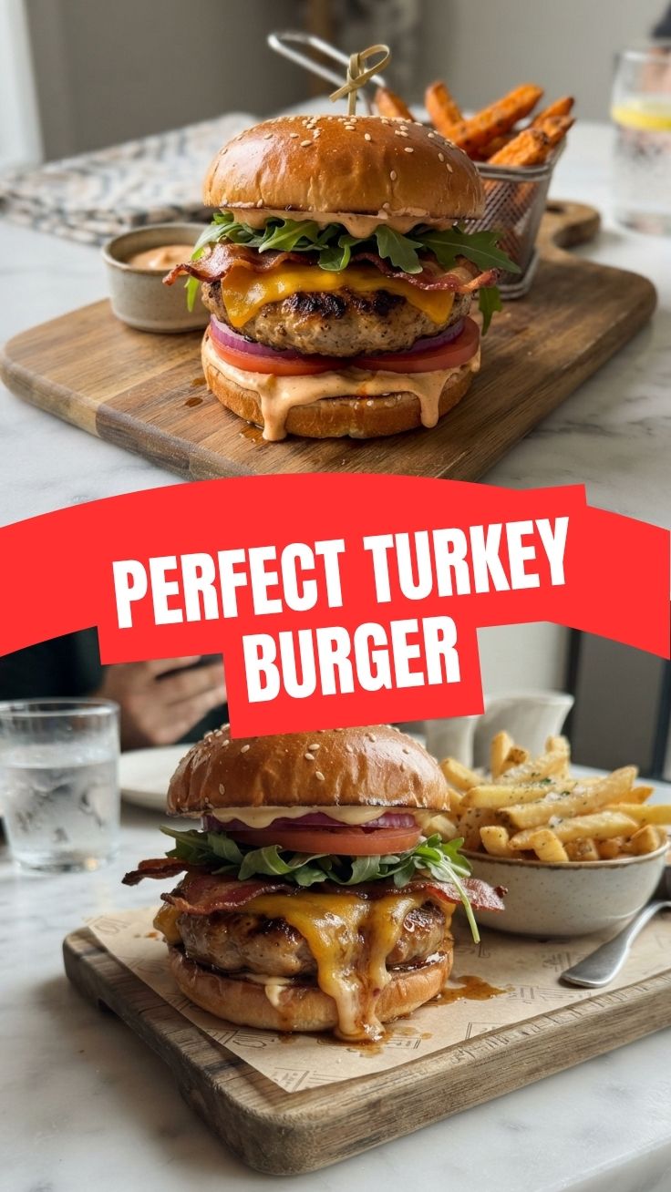 A juicy turkey burger patty on a bun with fresh toppings