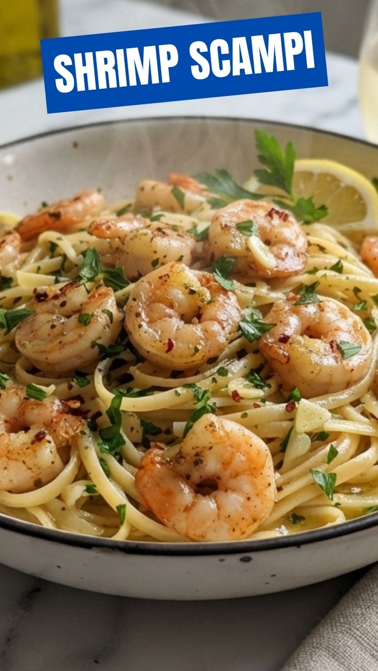 A delectable dish of shrimp scampi served with pasta in a white bowl.