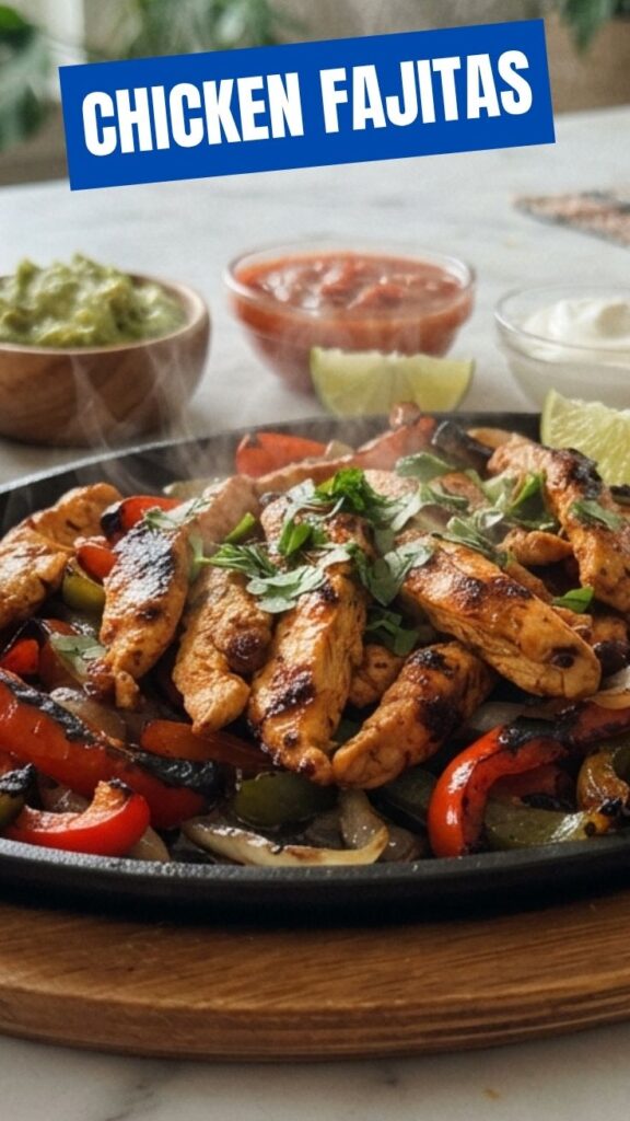 Sizzling chicken fajitas with colorful bell peppers and onions in a cast iron skillet
