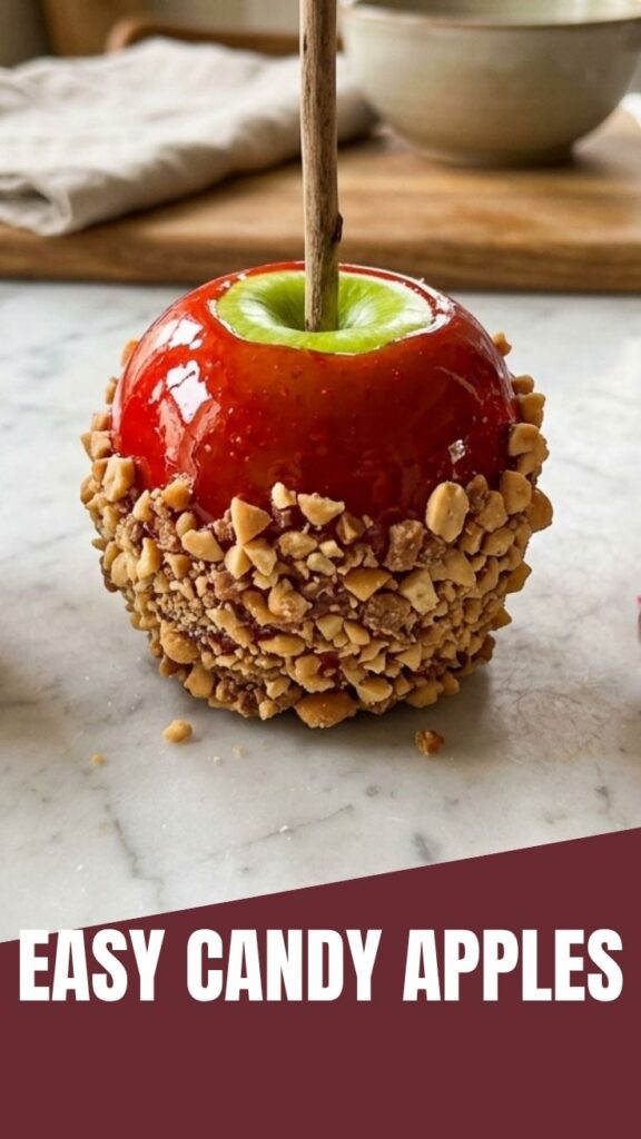 A vibrant red candy apple, perfectly glossy