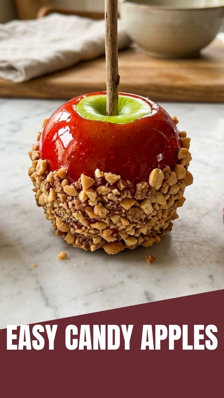 A vibrant red candy apple, perfectly glossy