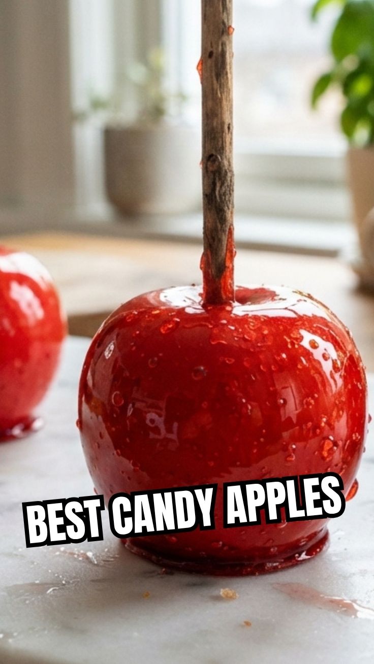 A vibrant red candy apple expertly coated and glistening.