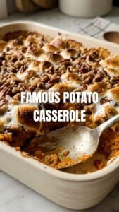 A sweet potato casserole topped with toasted marshmallows in a baking dish.