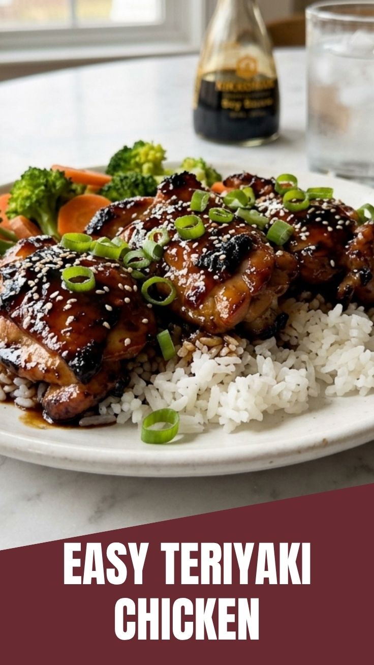 A plate of perfectly glazed teriyaki chicken with sesame seeds and green onions.