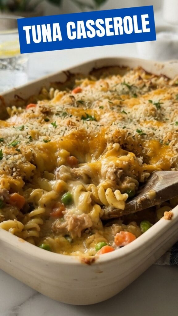 A hot and bubbly tuna casserole topped with golden breadcrumbs