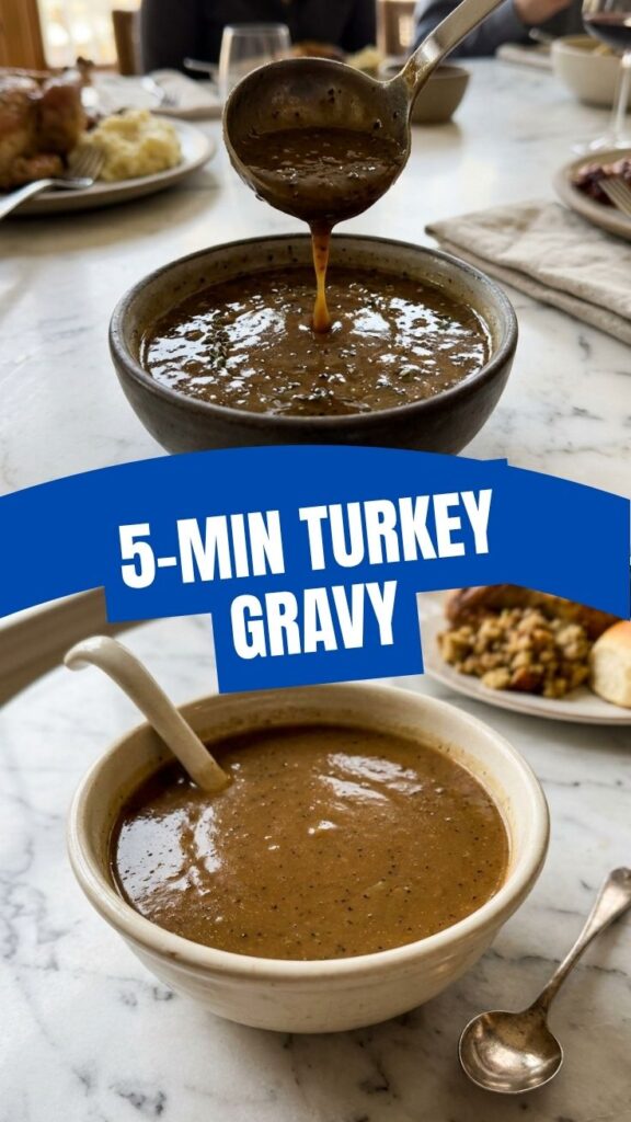 A serving boat overflowing with rich, homemade turkey gravy.