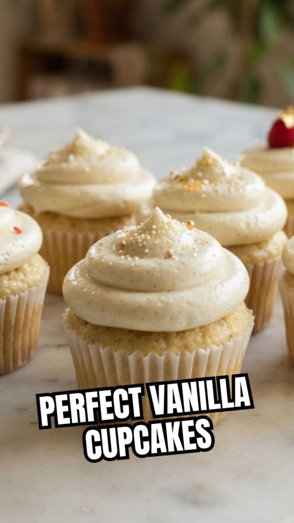 A trio of frosted vanilla cupcakes arranged elegantly on a white platter looking delicious
