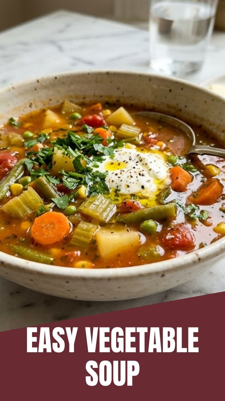 A bowl of colorful vegetable soup with various fresh ingredients