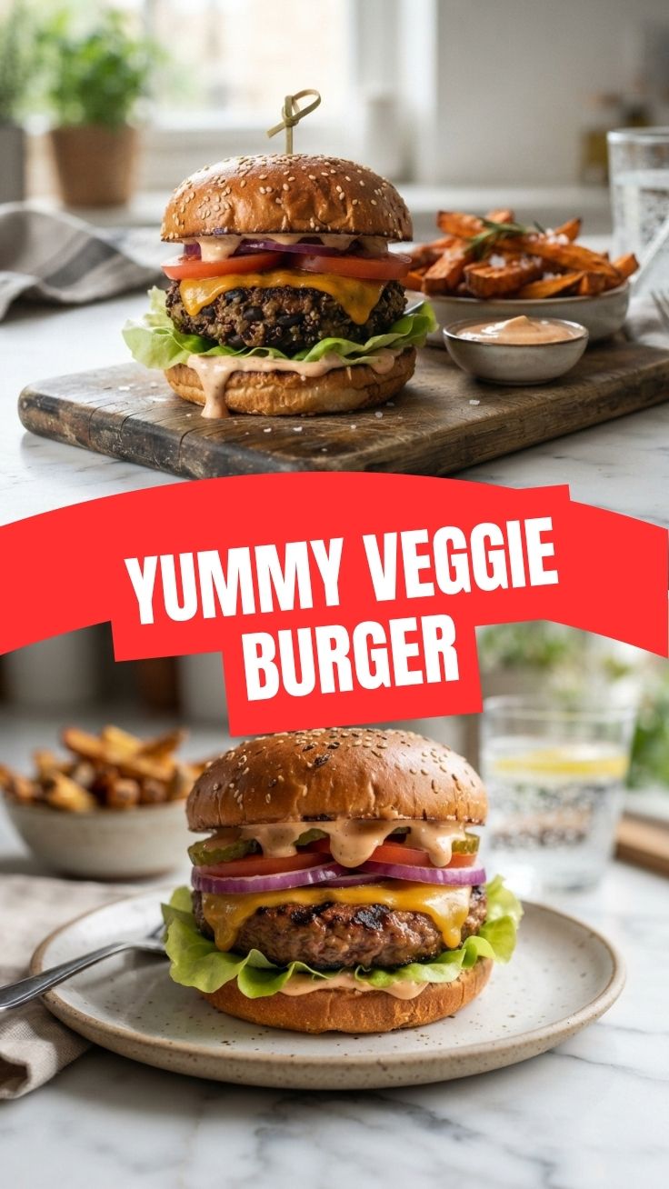 A freshly grilled veggie burger on a bun with lettuce and tomato