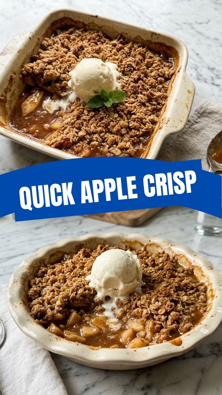 A cozy bowl of warm apple crisp with a golden-brown topping