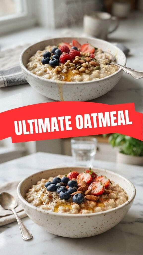 A cozy bowl of oatmeal topped with fruit for breakfast.