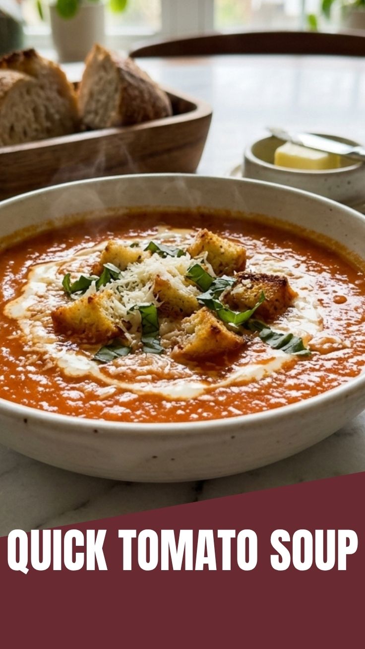 A steaming bowl of rich tomato soup, garnished with fresh basil