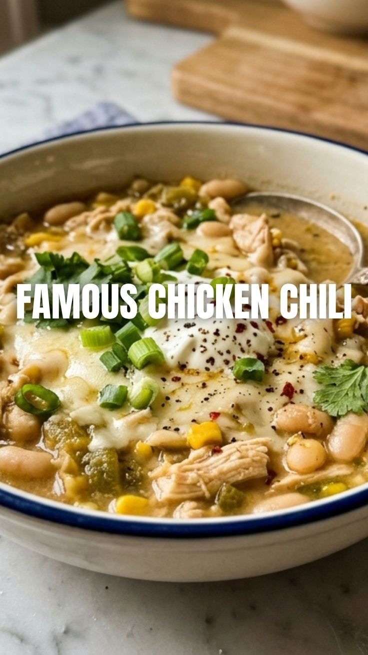 White chicken chili garnished with cilantro