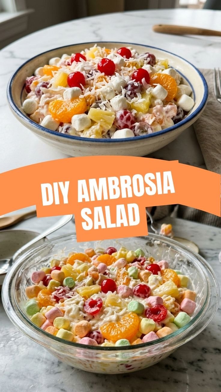 Ambrosia Salad served in a clear glass bowl, showing layers of marshmallows, fruit, and creamy dressing