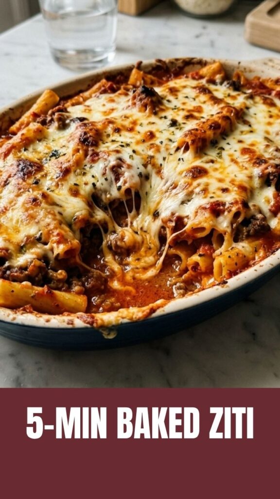A close-up of a steaming hot dish of baked ziti with melted cheese and rich tomato sauce.