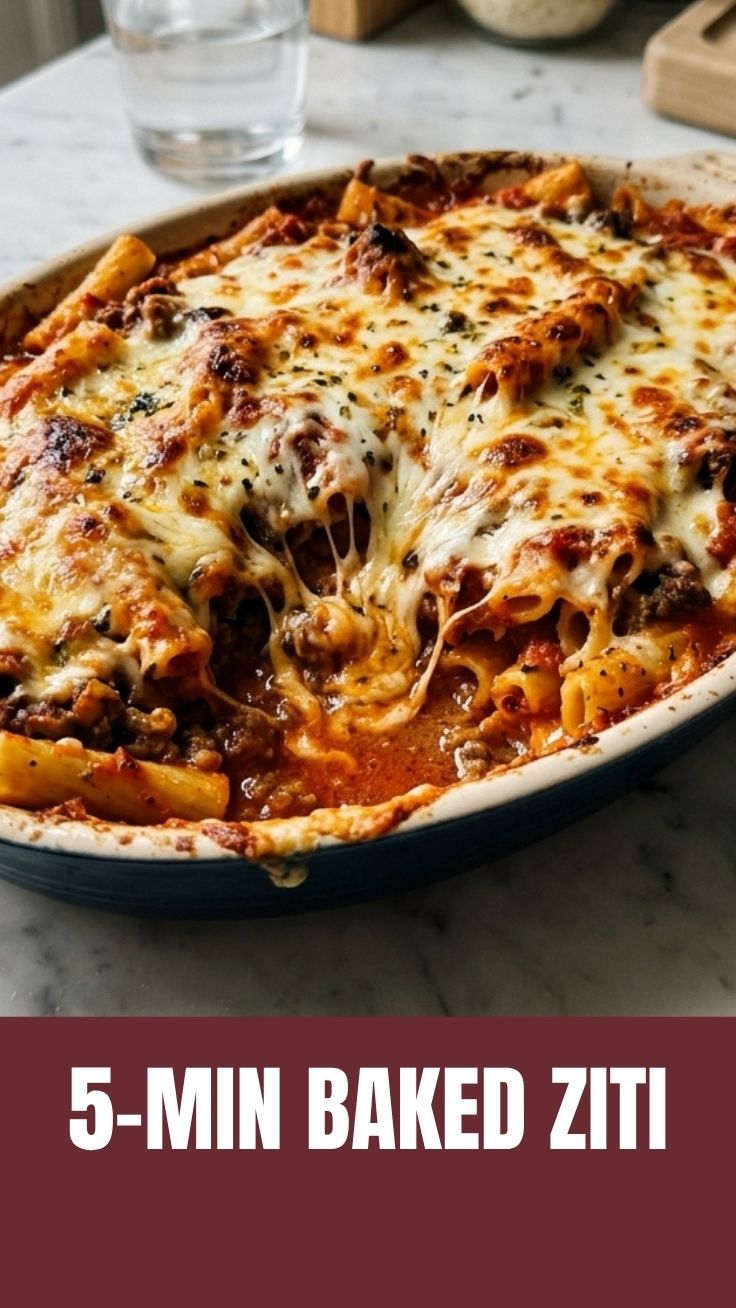 A close-up of a steaming hot dish of baked ziti with melted cheese and rich tomato sauce.