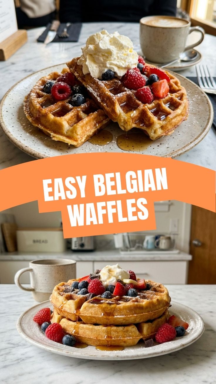 A stack of golden brown Belgian waffles with deep pockets, dusted with powdered sugar.