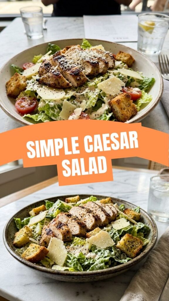 A fresh chicken Caesar salad with grilled chicken, romaine, croutons, and Parmesan.