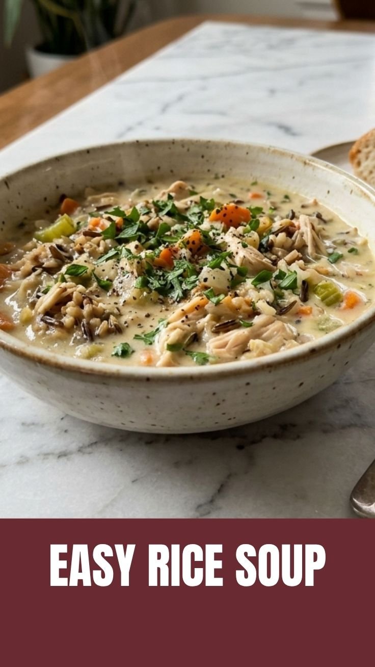 Chicken Wild Rice Soup served in a rustic bowl