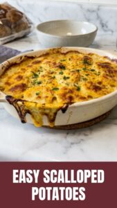 A baking dish filled with creamy scalloped potatoes, ready to be served.