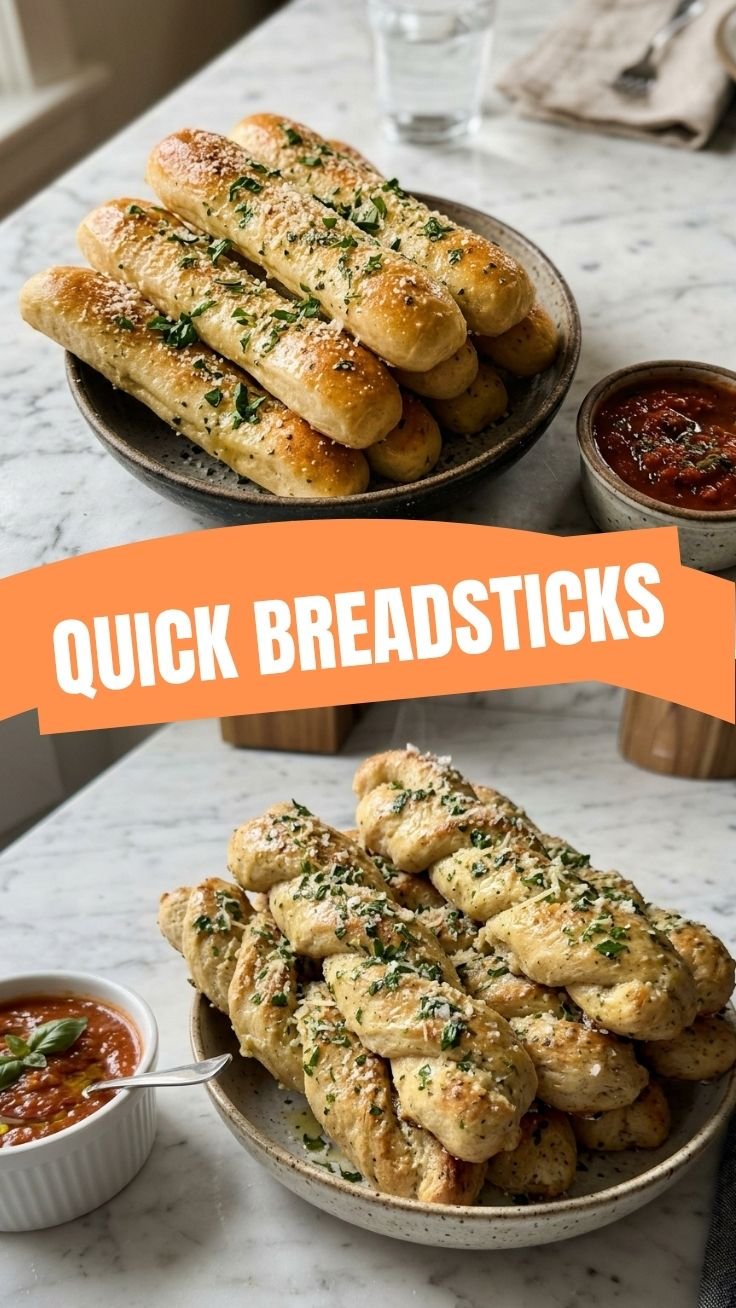 A basket of warm, golden-brown breadsticks with a soft interior and crispy crust, perfect for dipping.