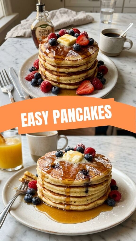 A stack of fluffy pancakes drizzled with syrup and berries