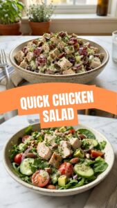 A fresh bowl of chicken salad with vibrant greens