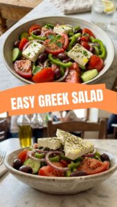 A colorful bowl of fresh Greek salad with feta, olives, and tomatoes
