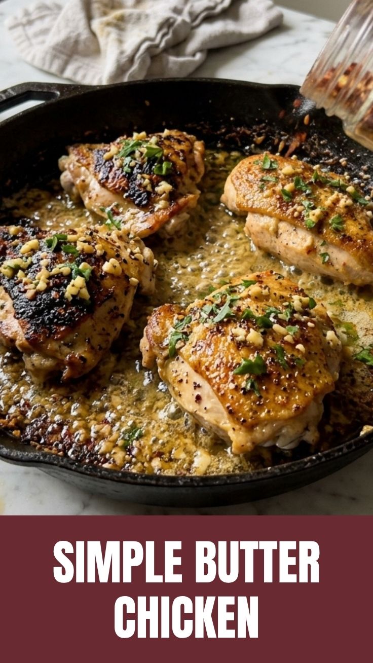 A serving of golden-brown garlic butter chicken in a skillet.