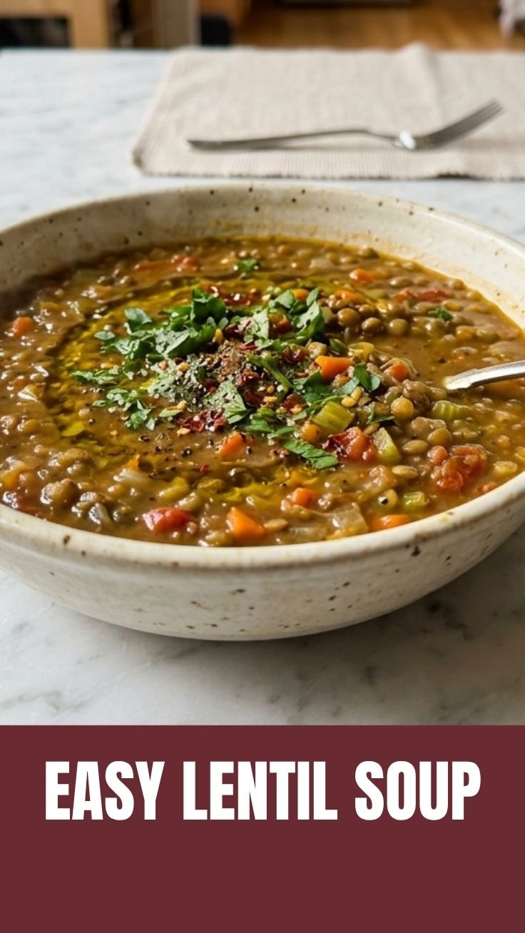 A steaming bowl of hearty lentil soup with lemon garnish