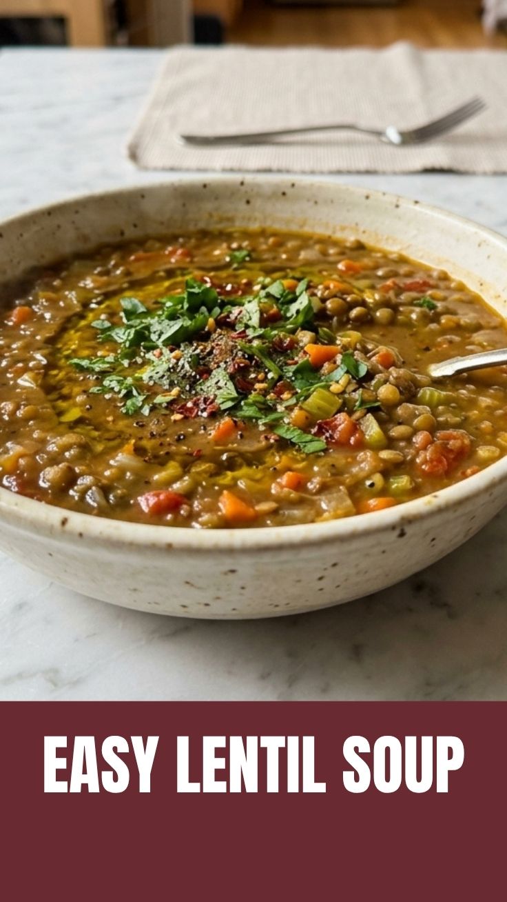 A steaming bowl of hearty lentil soup garnished with fresh herbs.