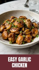 Close-up of golden brown honey garlic chicken with a glossy sauce.