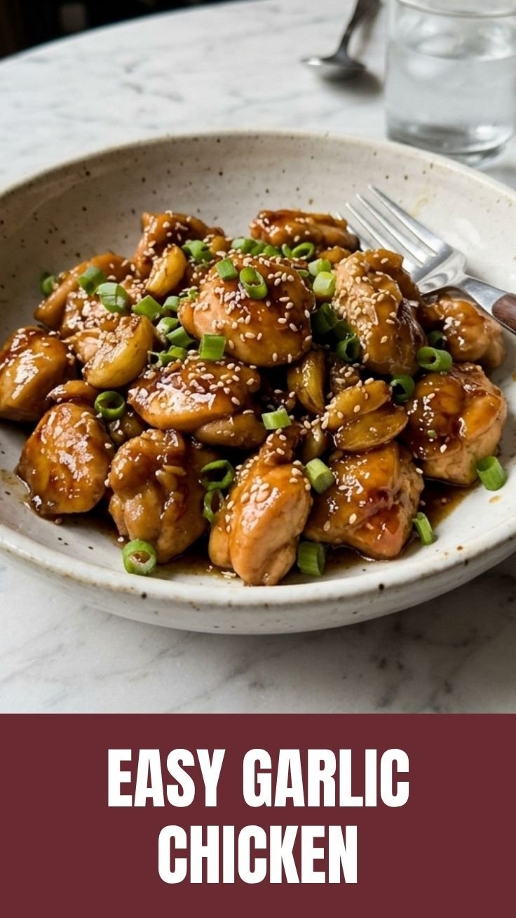 Golden honey garlic chicken with sticky sauce, garnished with sesame seeds