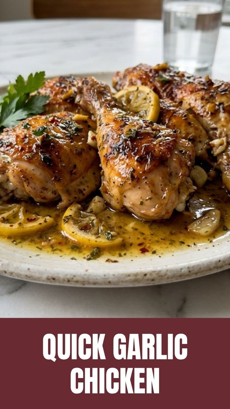 Golden brown lemon garlic chicken resting on a cutting board with lemon slices and herbs