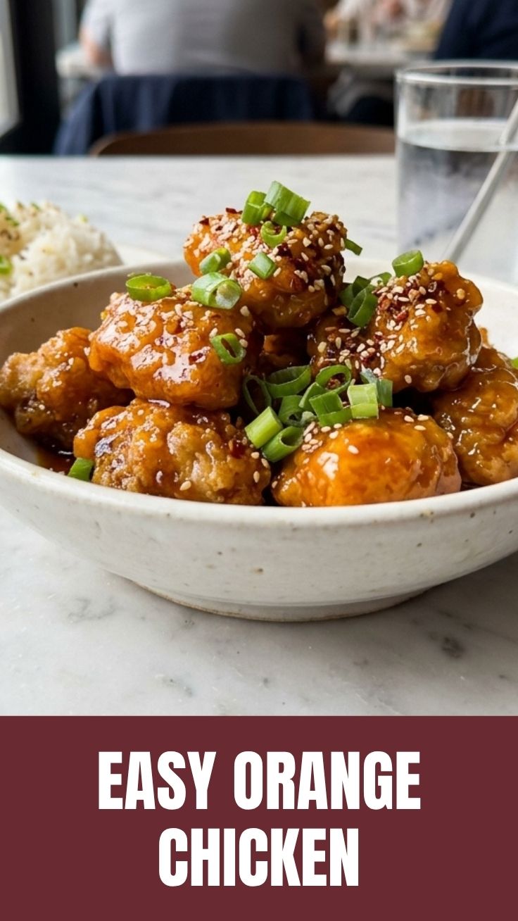 A plate of glistening orange chicken with sesame seeds and green onions.