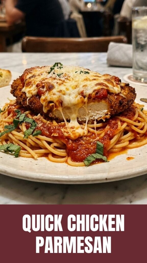 A perfectly cooked chicken parmesan with melted cheese and rich tomato sauce.