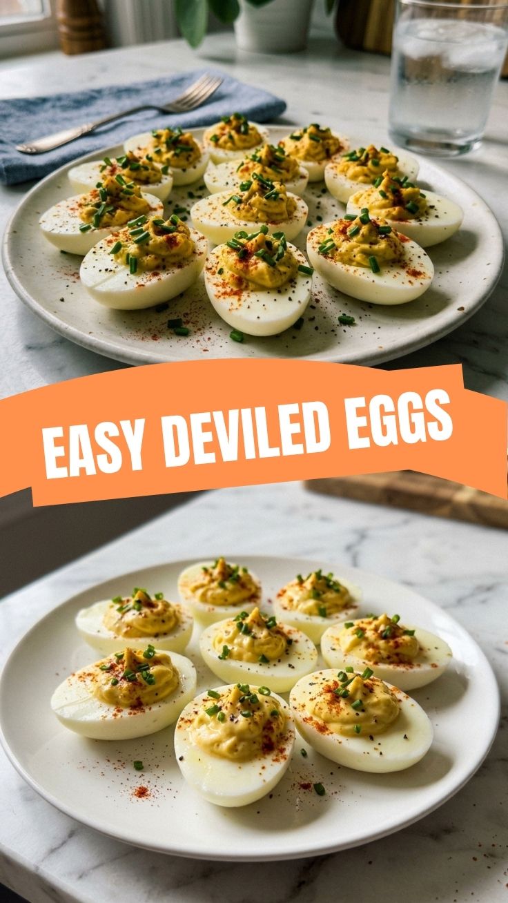 A close-up of beautifully garnished deviled eggs on a serving platter.